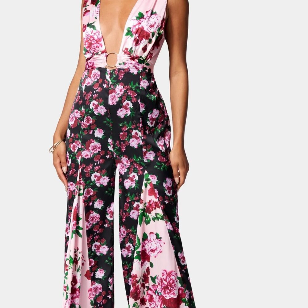 Bebe Printed Deep V Godet Leg Jumpsuit